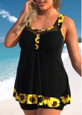 Black Plus Size Sunflower Print Patchwork Tankini Set