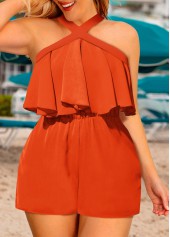 Ruffle Orange Short Cross Collar Sleeveless Straight Leg Romper
