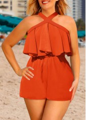 Ruffle Orange Short Cross Collar Sleeveless Straight Leg Romper