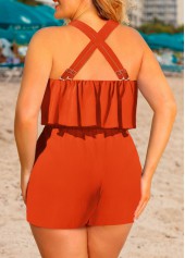 Ruffle Orange Short Cross Collar Sleeveless Straight Leg Romper
