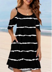 Cold Shoulder Striped Pocket Black Cover Up
