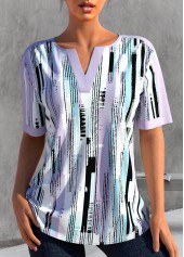 Geometric Print Split Light Purple Short Sleeve Blouse