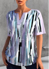 Geometric Print Split Light Purple Short Sleeve Blouse