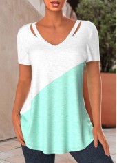 Mint Green Patchwork V Neck T Shirt
