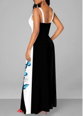 Butterfly Print Cage Neck Black Maxi Dress