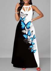 Butterfly Print Cage Neck Black Maxi Dress