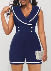 Contrast Binding Shawl Collar Sleeveless Navy Romper