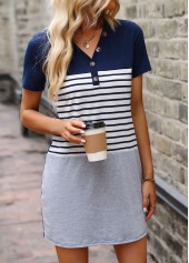 Button Navy Short Sleeve V Neck Dress