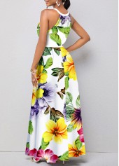 Floral Print Cut Out Belted White Maxi Dress