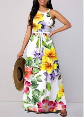 Floral Print Cut Out Belted White Maxi Dress