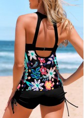 Random Floral Print Cut Out Black Tankini Top-No Bottom