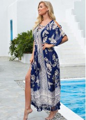Tribal Print Tassel Tie Cold Shoulder Cover Up