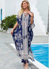 Tribal Print Tassel Tie Cold Shoulder Cover Up