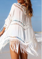 Tassel Hem 3/4 Sleeve White Cover Up