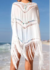 Tassel Hem 3/4 Sleeve White Cover Up