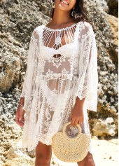White Cage Neck Sheer Embroidered Cover Up