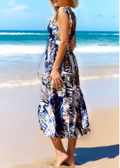 Leaf Print V Neck Blue Cover Up
