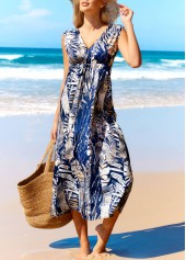 Leaf Print V Neck Blue Cover Up