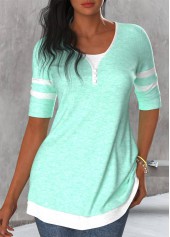 Mint Green Round Neck Patchwork T Shirt