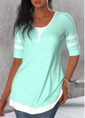 Mint Green Round Neck Patchwork T Shirt