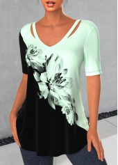 Light Green V Neck Floral Print T Shirt