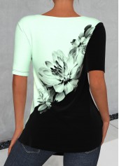 Light Green V Neck Floral Print T Shirt