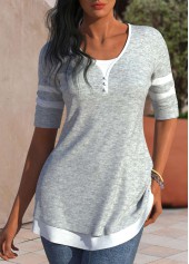 Light Grey Round Neck Patchwork T Shirt