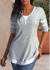 Light Grey Round Neck Patchwork T Shirt