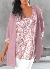 Sequin Light Pink 3/4 Sleeve Cardigan and Tank Top