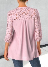 Tuck Stitch Light Pink 3/4 Sleeve Split Neck Blouse