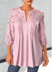 Tuck Stitch Light Pink 3/4 Sleeve Split Neck Blouse