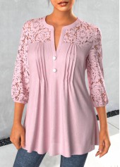 Tuck Stitch Light Pink 3/4 Sleeve Split Neck Blouse