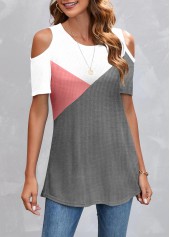 Pink Round Neck Cold Shoulder Patchwork T Shirt
