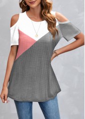 Pink Round Neck Cold Shoulder Patchwork T Shirt