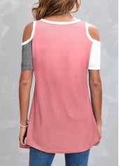 Pink Round Neck Cold Shoulder Patchwork T Shirt