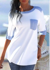 Striped Light Blue 3/4 Sleeve Round Neck Blouse