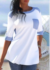 Striped Light Blue 3/4 Sleeve Round Neck Blouse