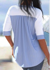 Striped Light Blue 3/4 Sleeve Round Neck Blouse
