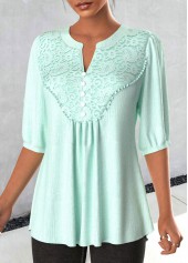Lace Light Green 3/4 Sleeve Split Neck Blouse