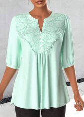 Lace Light Green 3/4 Sleeve Split Neck Blouse