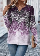 Tribal Print Button Light Purple T Shirt