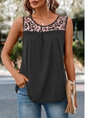 Leopard Patchwork Dark Grey Round Neck Tank Top