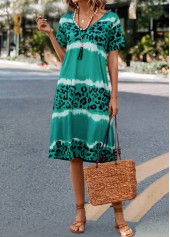 Green H Shape V Neck Leopard Dress