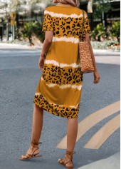 Leopard H Shape V Neck Yellow Dress