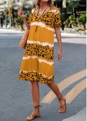 Leopard H Shape V Neck Yellow Dress