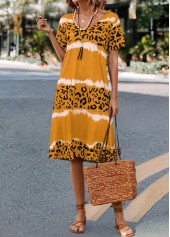 Leopard H Shape V Neck Yellow Dress