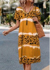 Leopard H Shape V Neck Yellow Dress