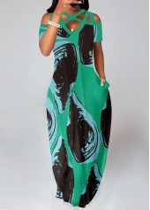 Graffiti Print Criss Cross Green Maxi Dress