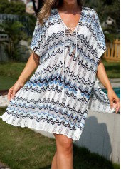 Wave Pattern Print Blue Drawstring Cover Up