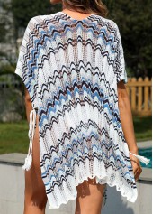 Wave Pattern Print Blue Drawstring Cover Up